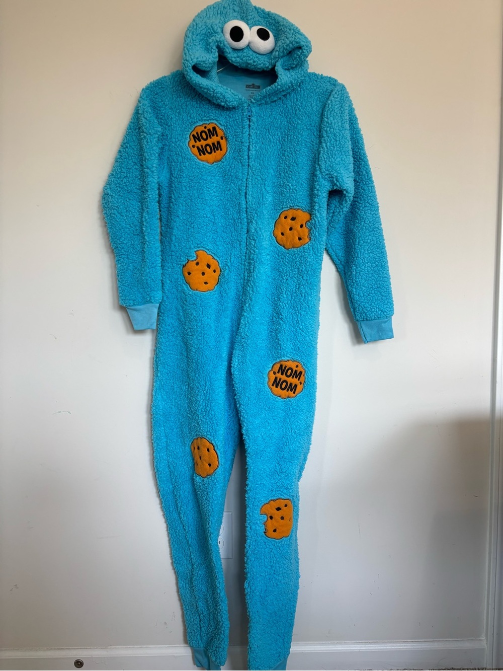 B16 Blue Cookie Monster Sherpa Hoodied One-Piece Pajama Patchwork Halloween